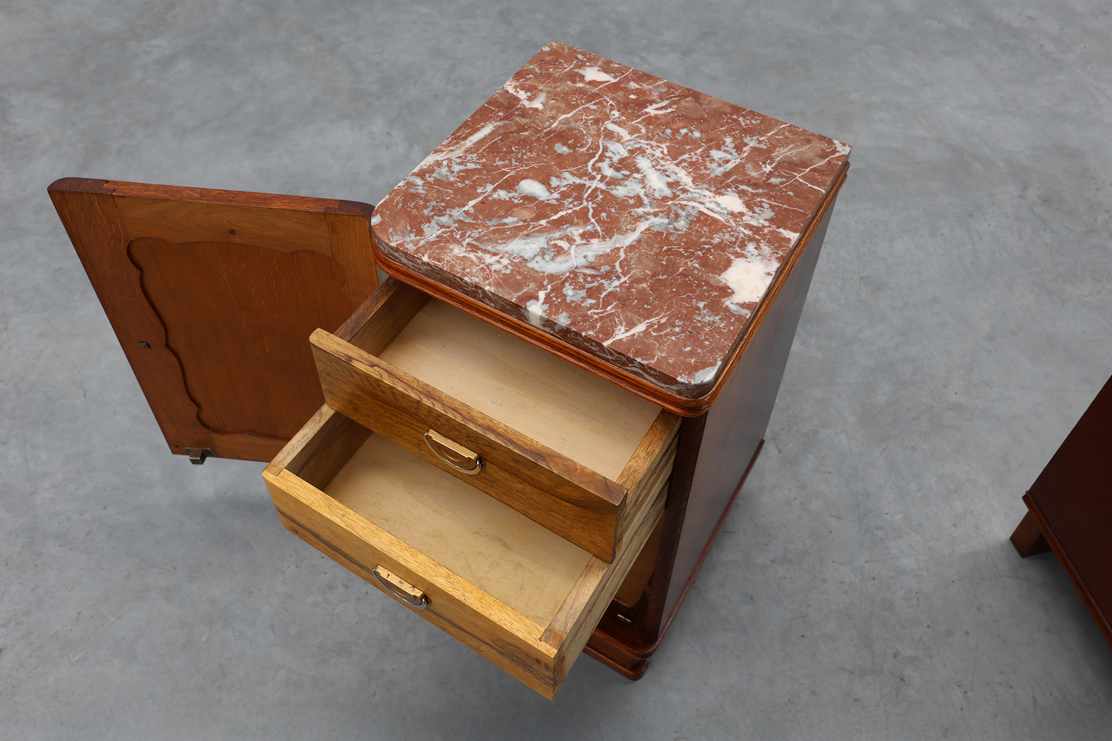 Pair of Art Deco nightstands in oak with marble top, France ca. 1925thumbnail